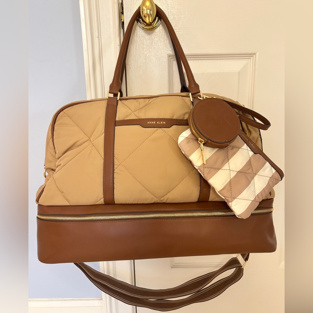 Anne Klein Quilted Tan and Brown Travel Bag Set
